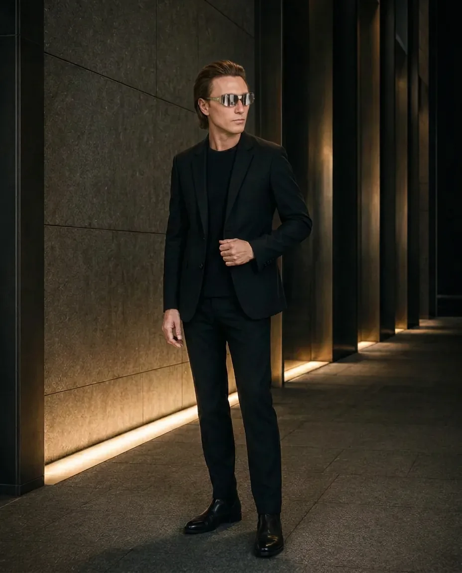 IL PIBE in total black in un corridoio illuminato
