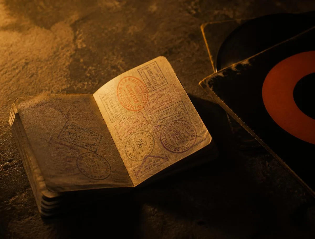 Passaporto pieno di timbri accanto a un disco in vinile